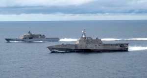 The two Littoral Combat Ship variants, LCS-1 Freedom (far) and LCS-2 Independence (near).