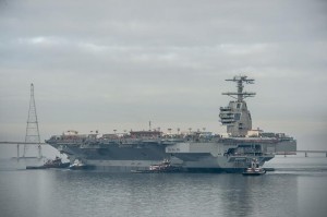 The new carrier USS Ford is afloat but still unfinished.