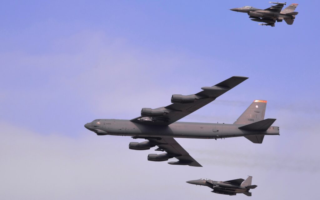 OSAN AIR BASE, Republic of Korea - A U.S. Air Force B-52 Stratofortress from Andersen Air Force Base, Guam, conducted a low-level flight in the vicinity of Osan Air Base, South Korea, in response to recent provocative action by North Korea Jan. 10, 2016. The B-52 was joined by a ROKAF F-15K Slam Eagle and a U.S. Air Force F-16 Fighting Falcon. The B-52 is a is a long-range, heavy bomber that can fly up to 50,000 feet and has the capability to carry 70,000 pounds of nuclear or precision guided conventional ordnance with worldwide precision navigation capability. (U.S. Air Force photo/Staff Sgt. Benjamin Sutton)