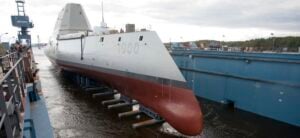 The USS Zumwalt in the drydock at Bath Iron Works in Maine.