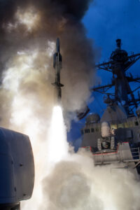 The USS John Paul Jones test-fires an SM-6 in June from a Vertical Launch System (VLS)