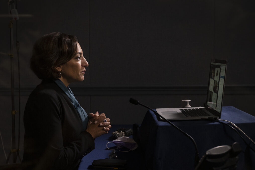 Ms. Katie Arrington, CISO A&S, conducts a speaking and Q&A session during Virtual Engagement for COMDEF 2020, September 29, 2020, in the Pentagon. (DoD photo by Marvin Lynchard)