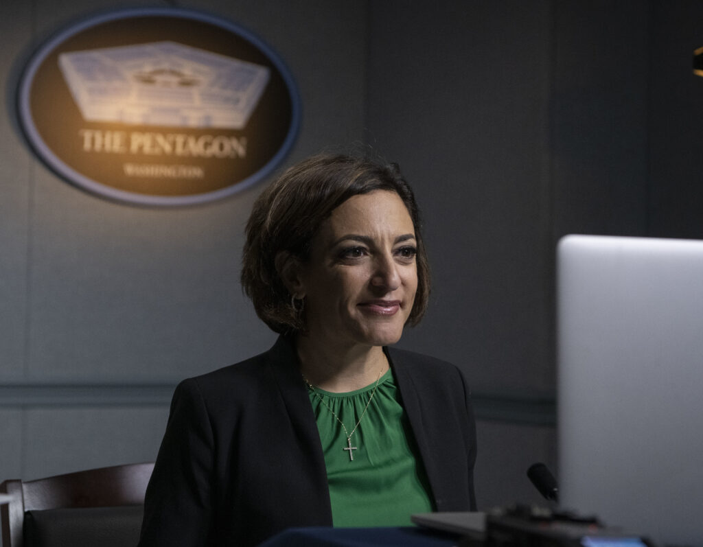 Chief Information Security Officer for Acquisitions Katie Arrington discusses the Cybersecurity Maturity Model Certification with the Norwegian National Defense and Security Industries Association, the Pentagon, Washington, D.C., Jan. 13, 2021. (DoD photo by Air Force Staff Sgt. Brittany A. Chase)