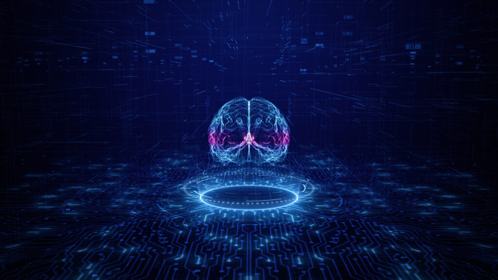 Artificial intelligence concept. Brain over a circuit board. HUD future technology digital background