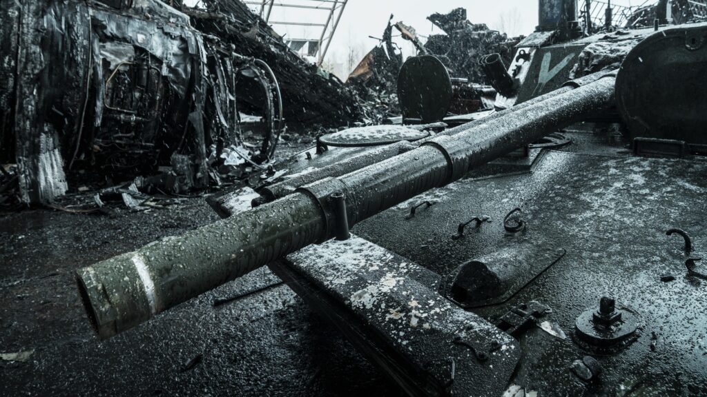 Russian Air Strikes Destroy World’s Largest Aircraft An-225 Mriya HOSTOMEL, UKRAINE - MARCH 03: A view of the wreckage of Russian military vehicles near the destroyed Ukrainian Antonov An-225 Mriya cargo aircraft, which was the largest plane in the world, at the Hostomel Airport on March 03, 2022 in Hostomel, Ukraine. The only flight copy of the An-225 Mriya was burned because of an air attack by the Russian occupation forces on the Hostomel Airport near Kyiv. Russia launched a large-scale invasion of Ukraine on February 24, 2022, triggering the largest military attack in Europe since World War II. (Photo by Serhii Mykhalchuk/Global Images Ukraine via Getty Images)