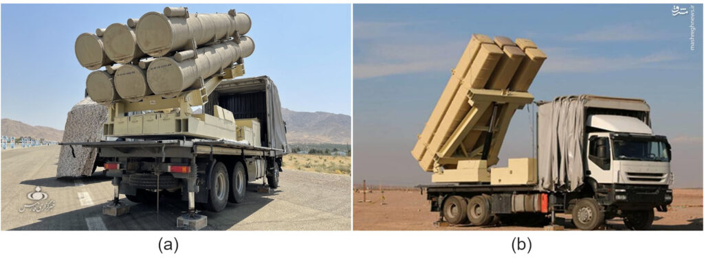 Two different Iranian launch vehicles for Fath-360 missiles, with launch canisters with cylindrical (a) and square (b) cross-sections. Image credit: FARS News & Mashreghnews.ir