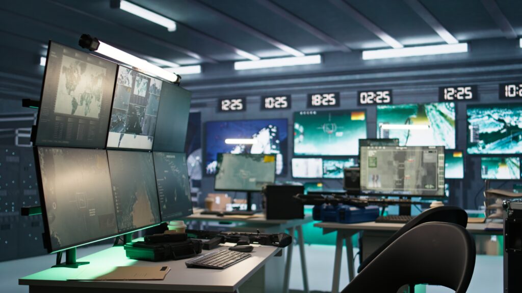 High tech room in army governmental establishment used for surveillance monitoring.