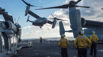 An MV-22 Osprey attached to Marine Medium Tiltrotor Squadron 163 (Reinforced) launches from the flight deck of the amphibious assault ship USS Makin Island (LHD 8) in 2014. Makin Island, the flagship of the Makin Island Amphibious Ready Group, is on a deployment with the 11th Marine Expeditionary Unit in the South China Sea. (U.S. Navy photo by Mass Communication Specialist 2nd Class Christopher Lindahl)