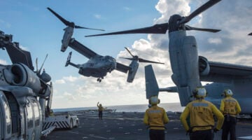 An MV-22 Osprey attached to Marine Medium Tiltrotor Squadron 163 (Reinforced) launches from the flight deck of the amphibious assault ship USS Makin Island (LHD 8) in 2014. Makin Island, the flagship of the Makin Island Amphibious Ready Group, is on a deployment with the 11th Marine Expeditionary Unit in the South China Sea. (U.S. Navy photo by Mass Communication Specialist 2nd Class Christopher Lindahl)
