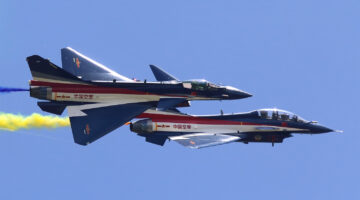 Chengdu J-10s of the People's Liberation Army Air Force's August 1st terobatics team. (Breaking Defense / Mike Yeo)