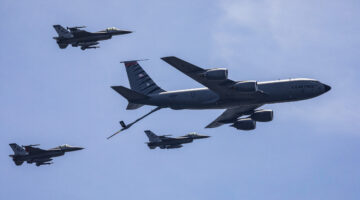 A file photo shows an U.S. Air Force KC-135R Stratotanker with the New Jersey Air National Guard’s 108th Wing and F-16 Fighting Falcons with the 177th Fighter Wing simulate a mid-air refueling. (New Jersey National Guard photo by Mark C. Olsen)
