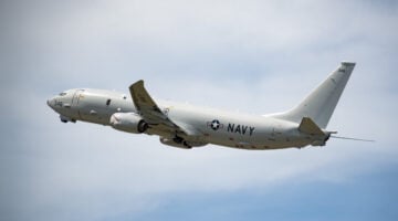 A multi-mission maritime patrol and reconnaissance aircraft P-8A Poseidon assigned to “The Skinny Dragons” of Patrol Squadron (VP) 4 takes off from U.S. Navy Support Facility Diego Garcia for a bilateral combined detachment and training with the Indian Navy. (U.S. Navy photo by Mass Communication Specialist 1st Class Samantha Jetzer)