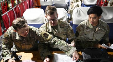 U.S. Air National Guard servicemembers assigned to the Air National Guard Air Force Reserve Component Test Center conduct preflight checks during Resolute Force Pacific 25, in the Indo-Pacific region, July 24, 2025. The exercise’s comprehensive nature with thousands of participants across multiple Indo-Pacific locations provided optimal conditions to validate the enhanced KC-135's data systems under operational stress. (U.S. Air National Guard photo by Staff Sgt. Guadalupe Beltran)