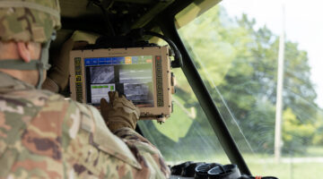 With the use of robotic and unmanned systems on the battlefield, the ability to have the command and control that battle management systems provide is even more imperative. Shown is Leonardo DRS' Mounted Family of Computer Systems (MFoCS). (Leondardo DRS photo)