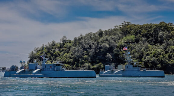 Leidos’ Sea Hunter and Seahawk autonomous vehicles are pictured prior to the Integrated Battle Problem (IBP) 23.2 bilateral exercises with the Royal Australian Navy (RAN). IBP 23.2 (known as Autonomous Warrior) is a Pacific Fleet exercise to test, develop and evaluate the integration of unmanned platforms into fleet operations to create warfighting advantages. (Photo Copyright Salty Dingo 2023).