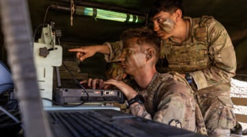 U.S. Soldiers assigned to 2-11 Long Range Fires Battalion, 25th Infantry Division Artillery, confirm targeting data during a counter-landing live-fire exercise as part of Exercise Balikatan 2026 at La Paz Sand Dunes, Laoag City, Philippines, May 4, 2026. (U.S. Army photo by Sgt. Duke Edwards)