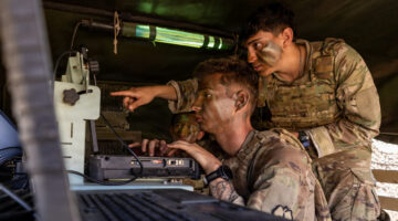 U.S. Soldiers assigned to 2-11 Long Range Fires Battalion, 25th Infantry Division Artillery, confirm targeting data during a counter-landing live-fire exercise as part of Exercise Balikatan 2026 at La Paz Sand Dunes, Laoag City, Philippines, May 4, 2026. (U.S. Army photo by Sgt. Duke Edwards)