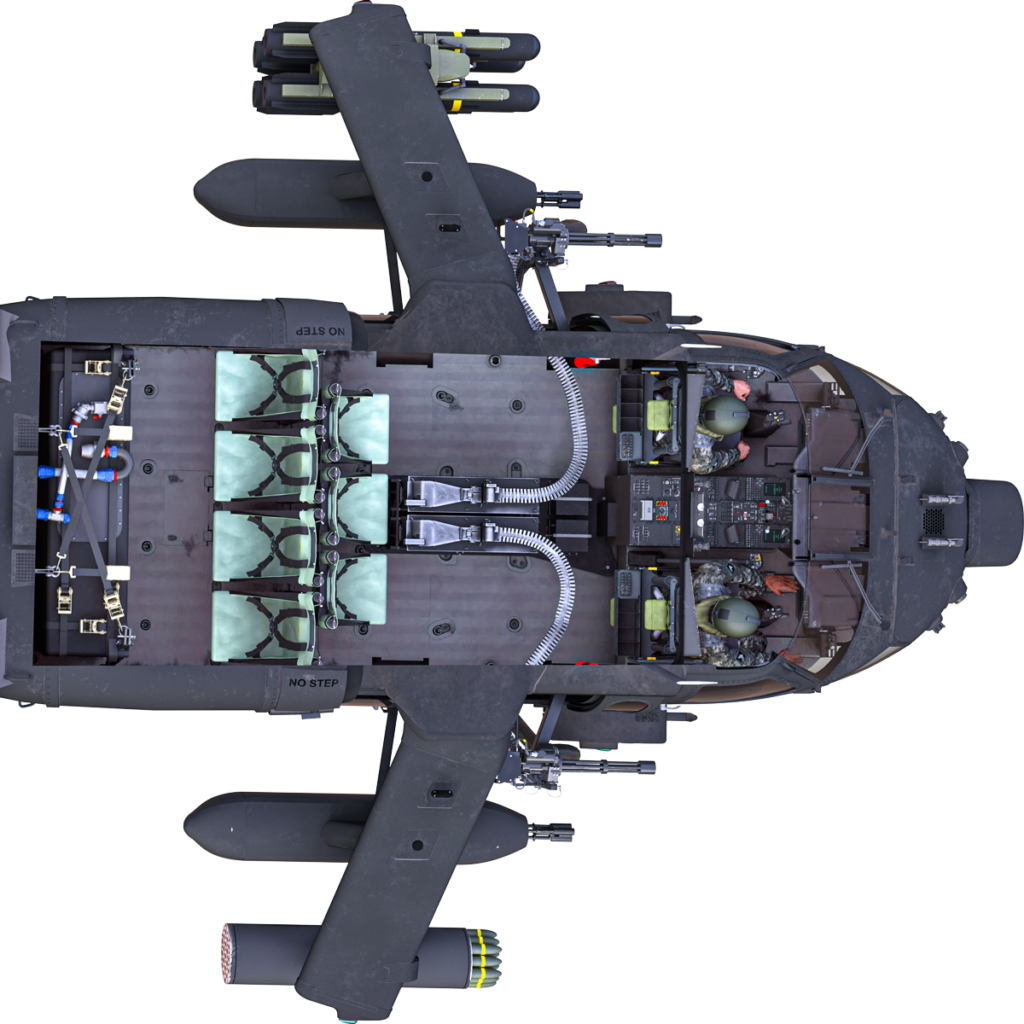 Armed BLACK HAWK helicopter with CLAW wing carrying Modular Effects Launcher and Spike NLOS missiles.