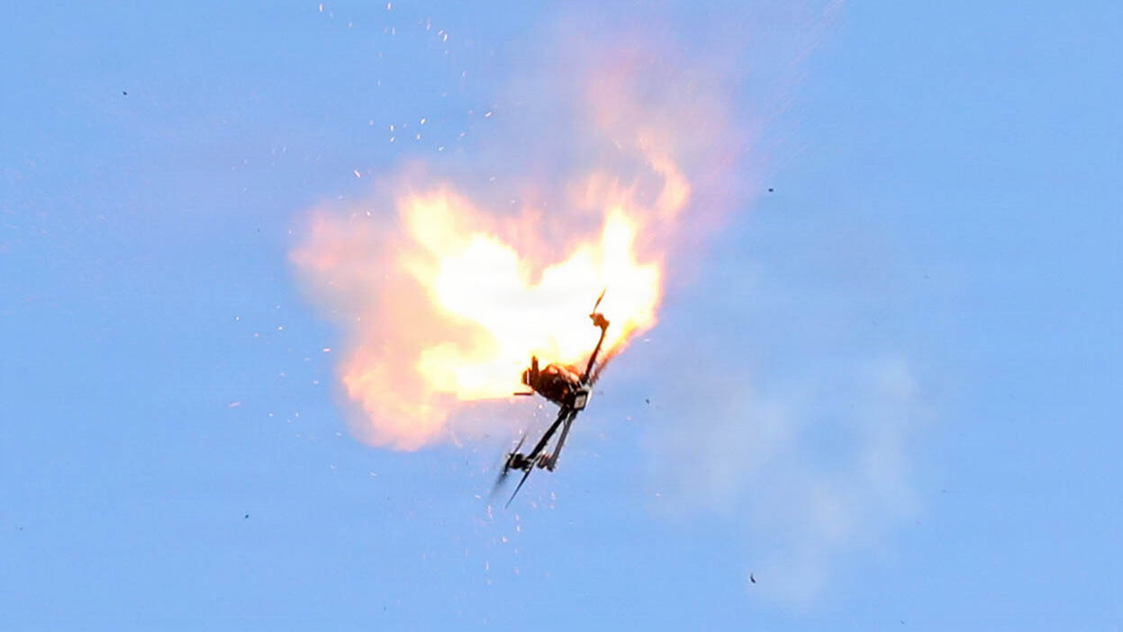 A drone shot down by Genesis Arms Gen-12 SBM during exercise Falcon Peak at Cibola Site 17, Yuma Proving Ground, Arizona, Sept. 22, 2026. (Dept. of War photo by SSgt. Colten Tessness)