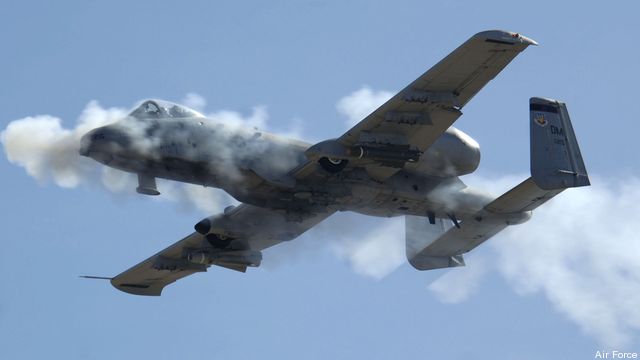 An A-10 "Warthog" firing its infamous 30 mm gun.