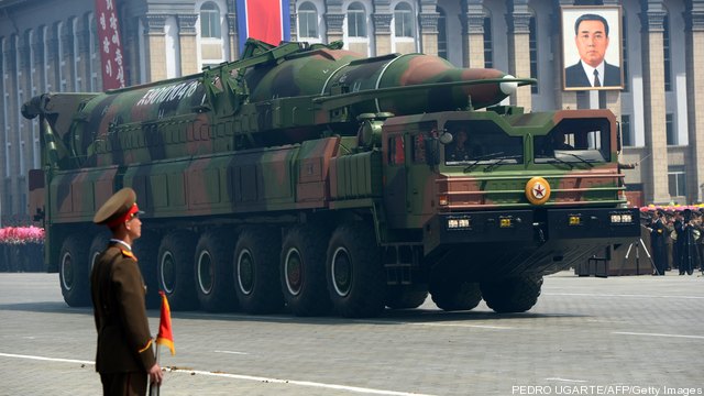 A North Korean Taepodong missile launcher on parade.