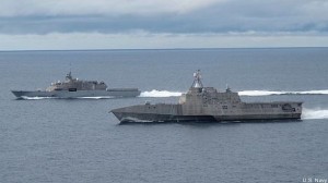 The two variants of the Navy Littoral Combat Ship -- LCS-1 Freedom and LCS-2 Independence - side by side off the California coast.