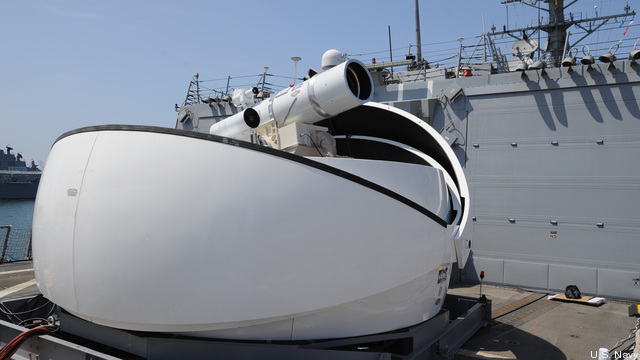 The Navy's "Laser Weapon System" (LaWS) prototype aboard ship.