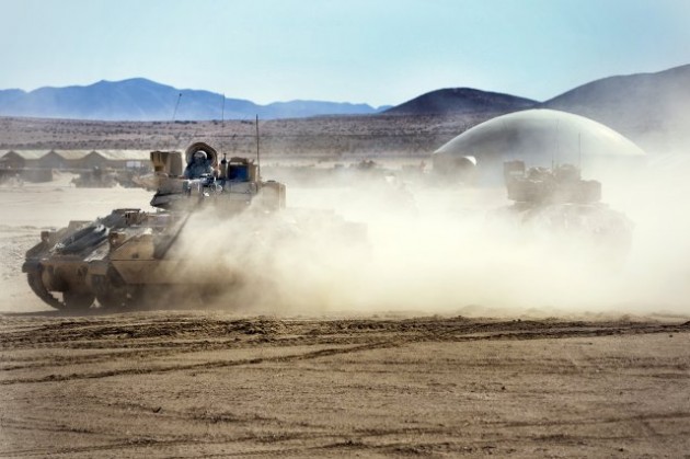 otations to the combat training centers have been cancelled as a result of sequestration and lack of a budget. Here, Bradley fighting vehicles from the 2nd Armored Brigade Combat Team, 1st Infantry Division out of Fort Riley, Kan., roll out of a forward operating base at National Training Center at Fort Irwin, Calif., Feb. 24, 2013. This may be the last unit to train at NTC until the budget impasse is resolved. [http://www.army.mil/article/97767/]