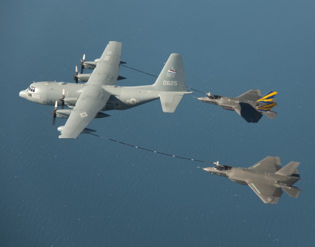 CF-2 Flight 158 with Mr. Dan Canin and CF-1 Flight 189 with LT Chris Tabert on 18 January 2013. First dual refueling of F-35C on KC-130 tanker. [Lockheed Martin]