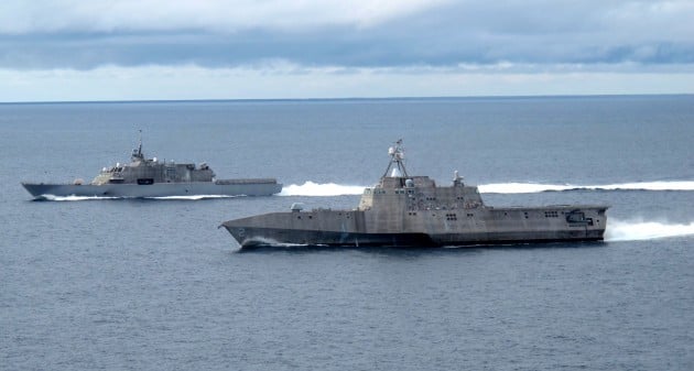 The two Littoral Combat Ship variants LCS-1 Freedom far and LCS-2 Independence near