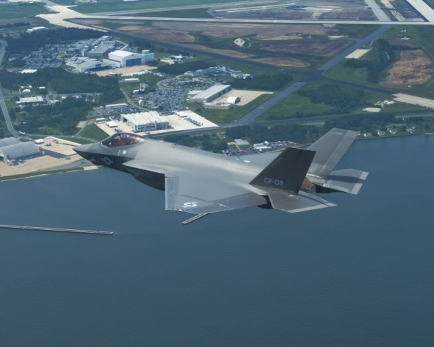 Navy F-35C flight text over Patuxent River