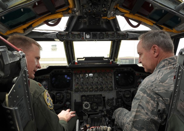 Air Force Chief of Staff Gen. Mark Welsh (right) in the cockpit of an aging B-52 bomber.