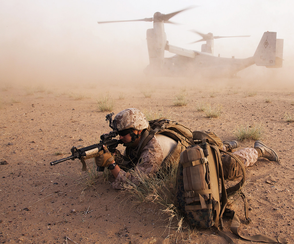 A V-22 lands Marines in Helmand.