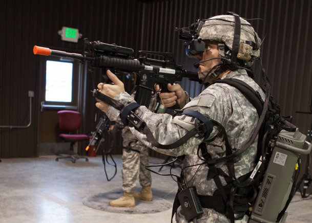 Capt. Marcus Long, 157th Infantry Brigade operations officer, First Army Division East, takes advantage of the Dismounted Soldier Training System. The helmet-mounted display provides a realistic virtual training platform programmable for any theater [ http://www.army.mil/article/97582/ ]