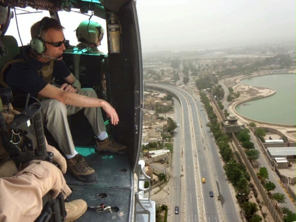 Diplomatic Security Service Director Jeffrey Culver studies Forward Operating Base Prosperity during a helicopter tour of Baghdad, Iraq, on May 18, 2011. When the U.S. military departs Iraq in the fall of this year, Diplomatic Security will still be responsible for the safety of thousands of U.S. Government personnel at Embassy Baghdad and throughout the country. To meet that mission, Diplomatic Security is ramping up abilities currently unique to the military, such as explosive ordnance disposal and downed-vehicle recovery. The 152-acre Prosperity site is integral to the security transition from the Department of Defense to the Department of State. (U.S. Department of State photo) http://www.state.gov/m/ds/rls/c53579.htm
