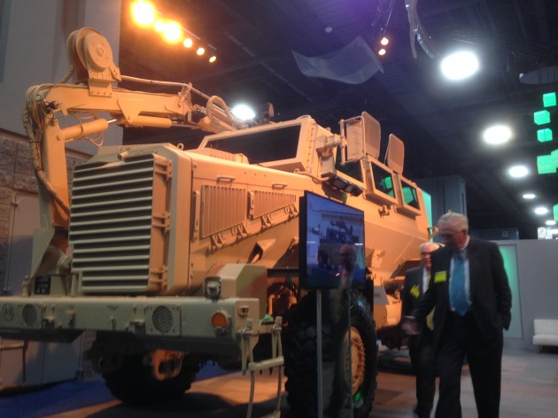 A Buffalo mine-resistant armor-protected (MRAP) truck on display at AUSA.