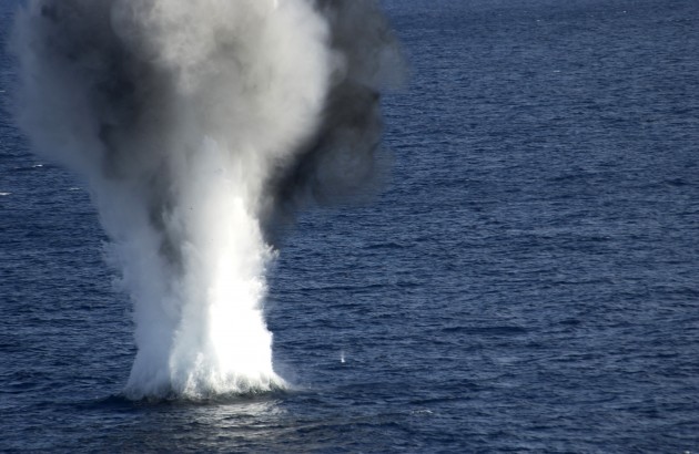 Atlantic Ocean (Dec. 13, 2003) -- A Dummy Mine explodes after service members assigned to Explosive Ordnance Disposal Mobile Unit (EODMU) 6 attached 20 pounds of explosives to the device during a mine counter measures exercise. EODMU-6 is embarked aboard USS George Washington (CVN 73) in the Atlantic Ocean conducting Composite Training Unit Exercises (COMPTUEX) in preparation for their upcoming deployment. U.S. Navy photo by Photographers Mate 1st Class Brien Aho. (RELEASED)