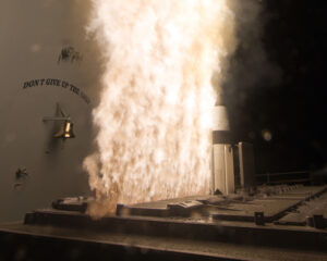 A Standard Missile-3 Block IA is fired from the USS Lake Erie on its way to destroy a medium-range ballistic missile target using a remote cue from a satellite sensor system. [http://www.raytheon.com/capabilities/products/sm-3/]
