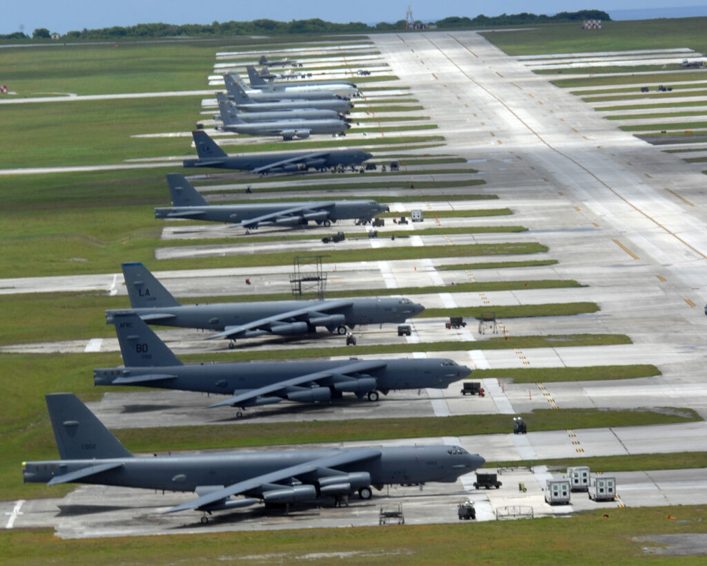 B-52s and other US aircraft lined up on the runway at Andersen Air Force Base on Guam, where the bombers that challenged the Chinese air defense zone are based.