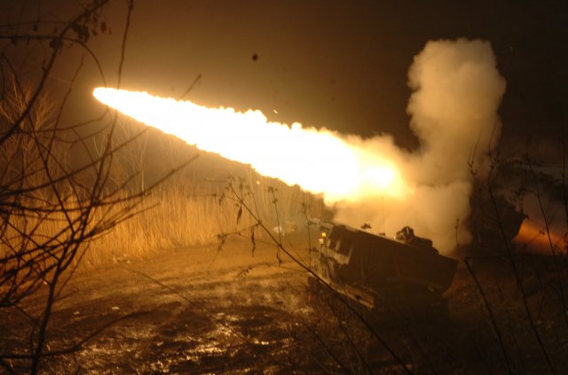 Army MLRS rocket artillery firing in Korea exercise