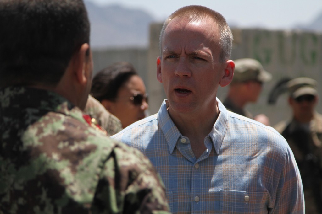 Brad Carson, Under Secretary of the Army, talks to solders in Afghanistan.