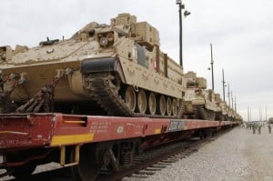 Bradley armored vehicles from the 1st Cavalry Division shipping out for a deployment to Eastern Europe.