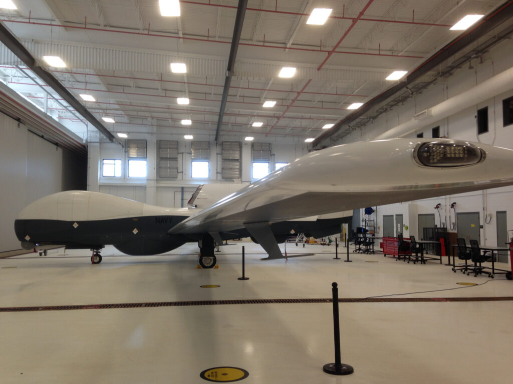 The first MQ-4C Triton drone to arrive at Patuxent River Naval Air Station.