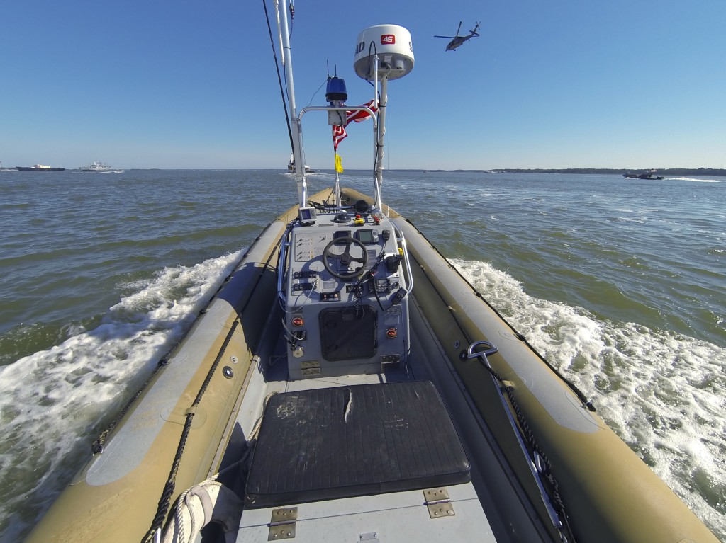 A Navy patrol boat converted to operate unmanned as part of an Office of Naval Research experiment in autonomous "swarms."