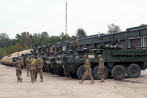 Army Stryker vehicles arrive in Lithuania in October.