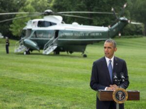 President Barack Obama delivers a statement regarding Iraq, prior to departure from the White House South Lawn aboard Marine One en route to Bismarck, N.D., June 13, 2014. (Official White House Photo by David Lienemann)