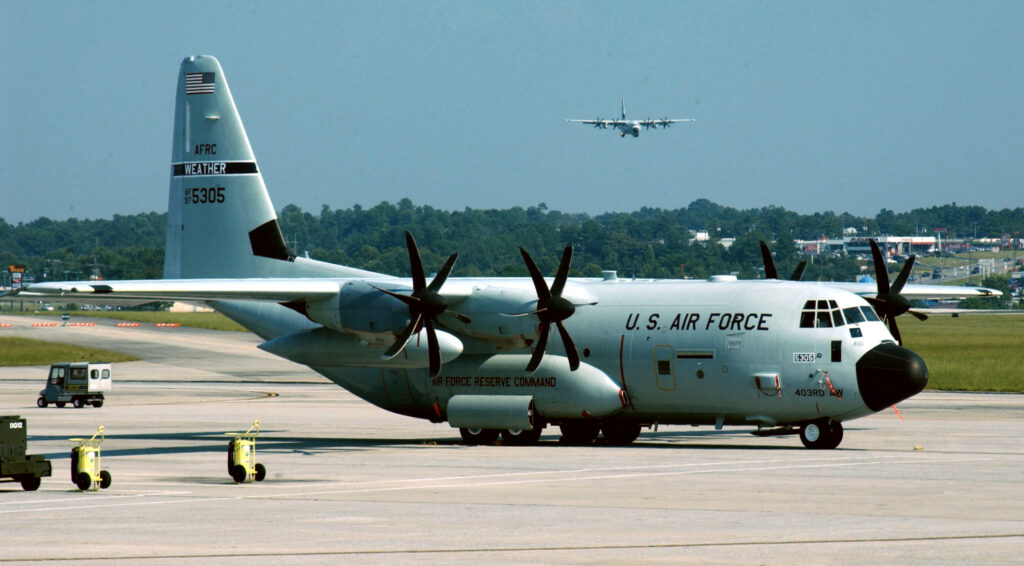 DOBBINS AIR RESERVE BASE, Ga. -- Air Force Reserve Command WC-130 aircraft operate out of Dobbins Air Reserve Base, Ga., during the first week of September. The Hurricane Hunters from the 53rd Weather Reconnaissance Squadron evacuated their home at Keesler Air Force Base, Miss., before Hurricane Katrina slammed the Gulf Coast. Despite their own personal losses, the reservists continued to track tropical storms in the Caribbean. (U.S. Air Force photo by Bo Joyner)