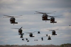 Black Hawk helicopters in formation