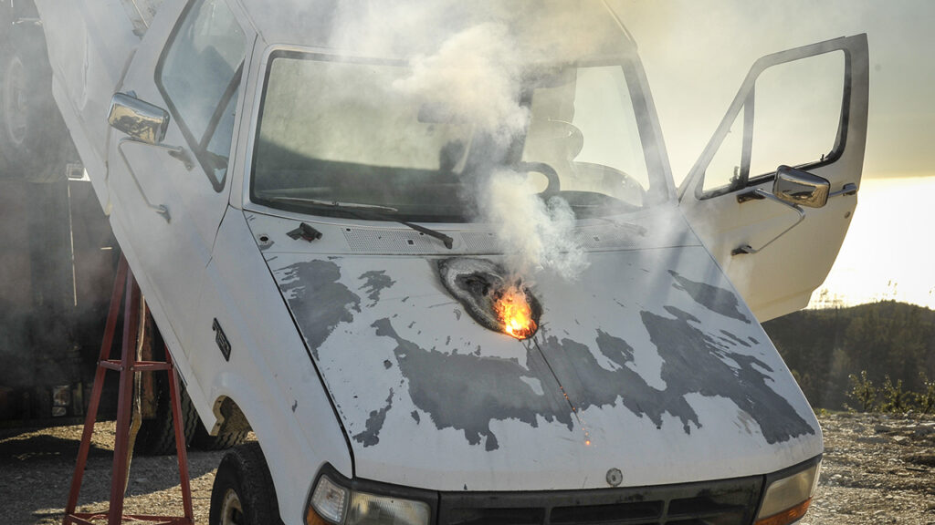 A target truck disabled by Lockheed's ATHENA laser