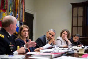 President Barack Obama meets with members of his national security team and senior staff to receive an update on the Ebola outbreak in West Africa and the Administration’s response efforts, in the Roosevelt Room of the White House, Oct. 6, 2014. Participants include: Health and Human Services Secretary Sylvia Mathews Burwell; Dr. Tom Frieden, Director of the U.S. Centers for Disease Control and Prevention (CDC); Gen. Martin Dempsey, Chairman of the Joint Chiefs of Staff; Rajiv "Raj" Shah, Administrator of the U.S. Agency for International Development USAID;Samantha Power, U.S. Permanent Representative to the United Nations; and Lisa Monaco, Assistant to the President for Homeland Security and Counterterrorism. (Official White House Photo by Pete Souza)